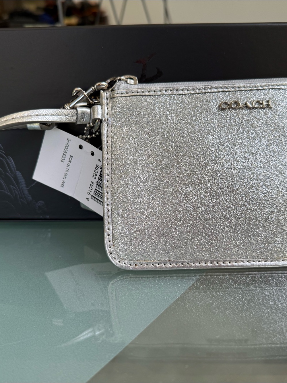COACH Silver Metallic Glitter Wristlet Pouch